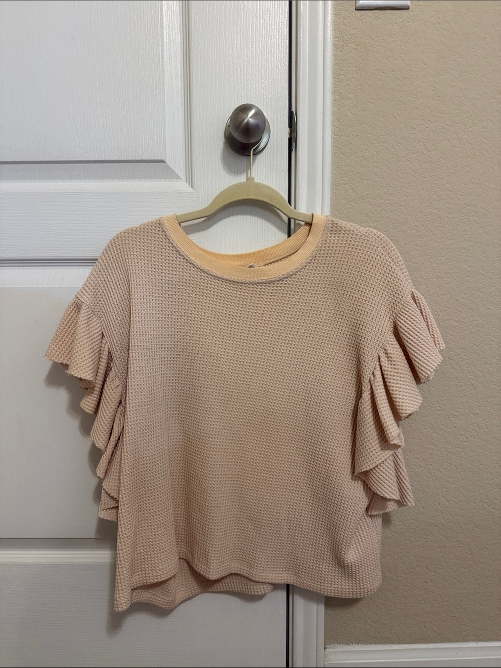 Waffle Knit Ruffle Sleeve Top - Cream